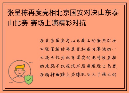 张呈栋再度亮相北京国安对决山东泰山比赛 赛场上演精彩对抗
